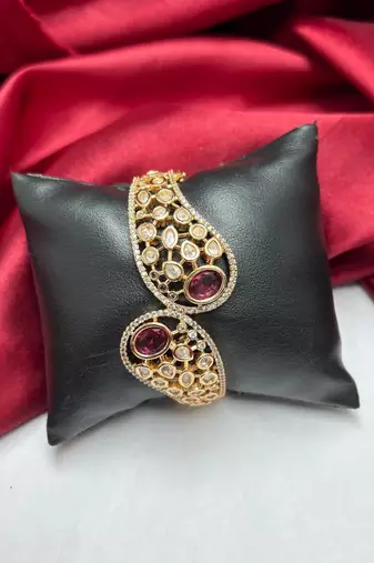 Ruby Red Kundan Open Cuff Bracelet, Gold Tone Bridal Kada, Indian Wedding Jewelry