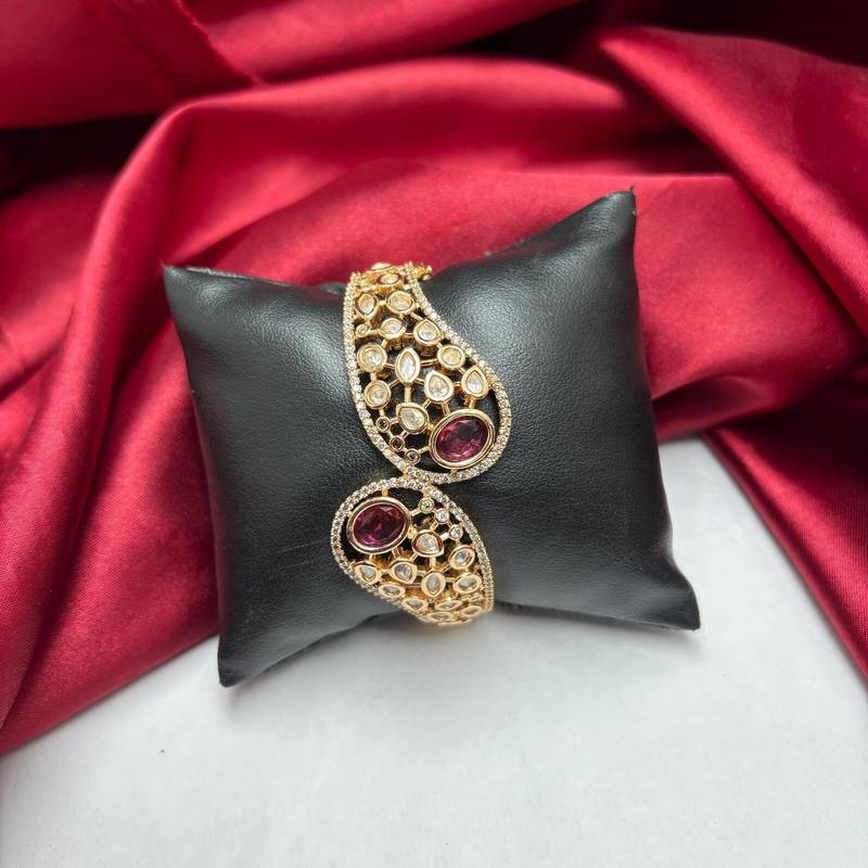 Ruby Red Kundan Open Cuff Bracelet, Gold Tone Bridal Kada, Indian Wedding Jewelry