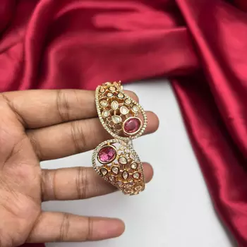Ruby Red Kundan Open Cuff Bracelet, Gold Tone Bridal Kada, Indian Wedding Jewelry 3
