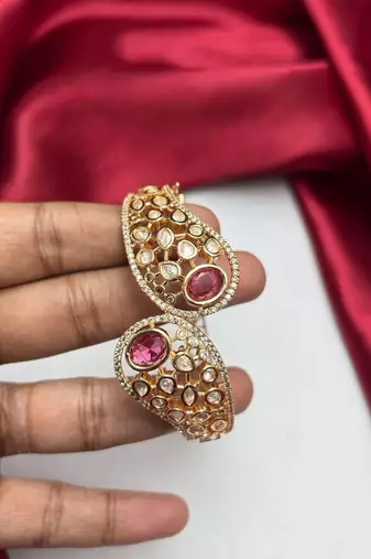 Ruby Red Kundan Open Cuff Bracelet, Gold Tone Bridal Kada, Indian Wedding Jewelry