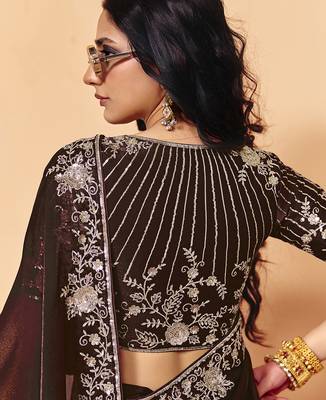 Brown satin sequence embroidery work saree with unstitched blouse piece 5