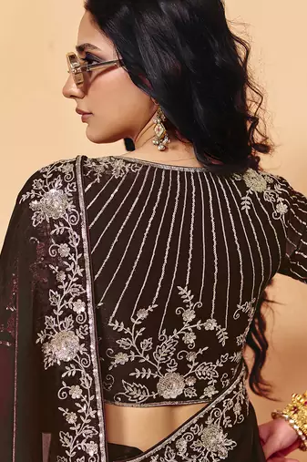 Brown satin sequence embroidery work saree with unstitched blouse piece