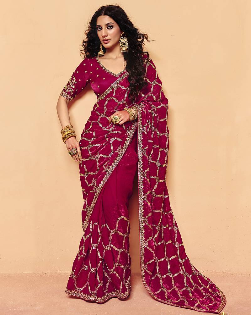 Pink satin sequence embroidery work saree with unstitched blouse piece