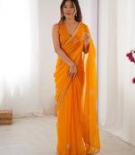 fendy yellow designer beads moti val sequance work saree