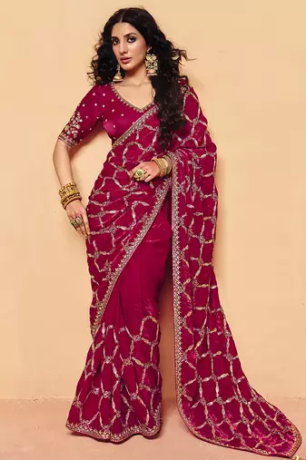 Pink satin sequence embroidery work saree with unstitched blouse piece