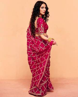 Pink satin sequence embroidery work saree with unstitched blouse piece 3