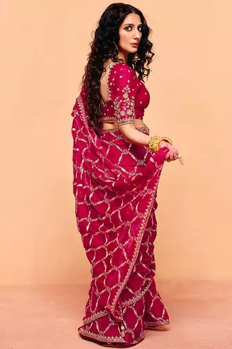 Pink satin sequence embroidery work saree with unstitched blouse piece
