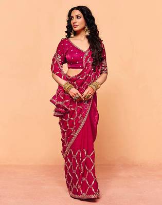 Pink satin sequence embroidery work saree with unstitched blouse piece 4