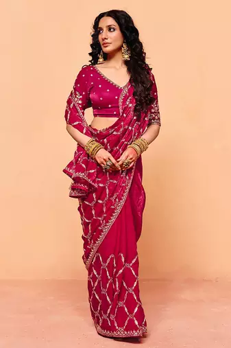Pink satin sequence embroidery work saree with unstitched blouse piece