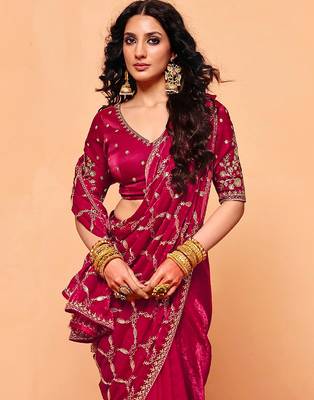 Pink satin sequence embroidery work saree with unstitched blouse piece 5