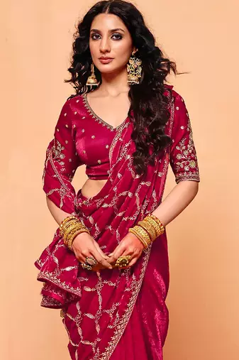 Pink satin sequence embroidery work saree with unstitched blouse piece