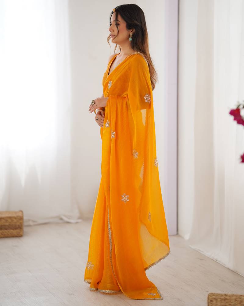 fendy yellow designer beads moti val sequance work saree