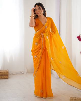 fendy yellow designer beads moti val sequance work saree 5