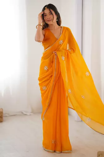 fendy yellow designer beads moti val sequance work saree