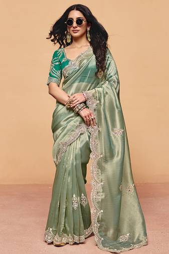 green silk blend embroidery sequence work saree with unstitch blouse piece for women 