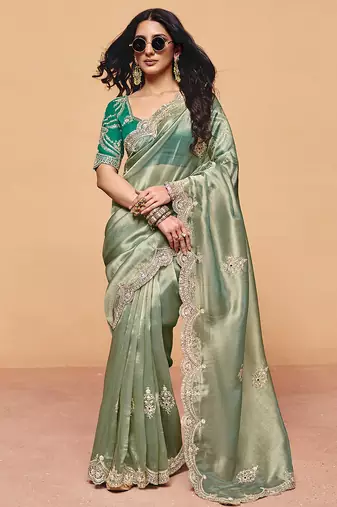 green silk blend embroidery sequence work saree with unstitch blouse piece for women 