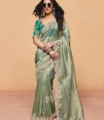 green silk blend embroidery sequence work saree with unstitch blouse piece for women 