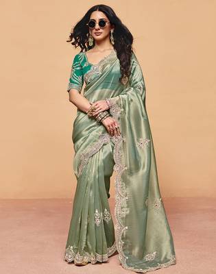 green silk blend embroidery sequence work saree with unstitch blouse piece for women  2