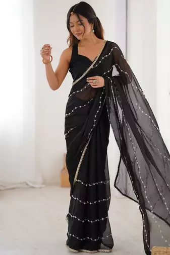 sitara chiffon black designer beads moti val sequance work saree