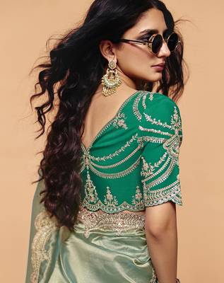 green silk blend embroidery sequence work saree with unstitch blouse piece for women  3