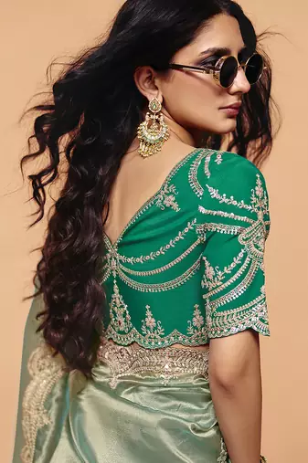 green silk blend embroidery sequence work saree with unstitch blouse piece for women 