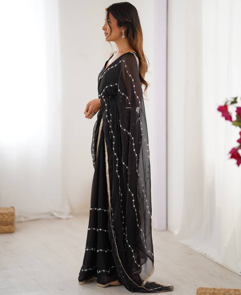 sitara chiffon black designer beads moti val sequance work saree