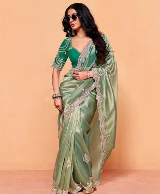 green silk blend embroidery sequence work saree with unstitch blouse piece for women  4