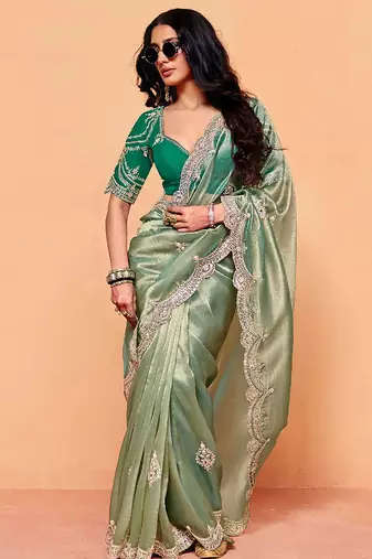 green silk blend embroidery sequence work saree with unstitch blouse piece for women 