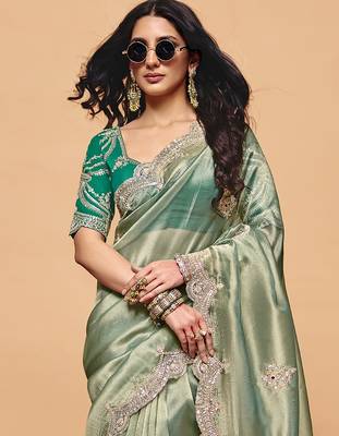 green silk blend embroidery sequence work saree with unstitch blouse piece for women  5