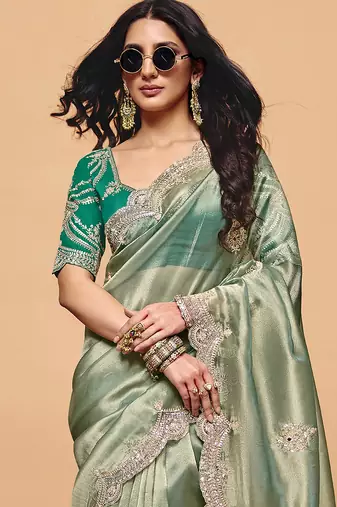 green silk blend embroidery sequence work saree with unstitch blouse piece for women 