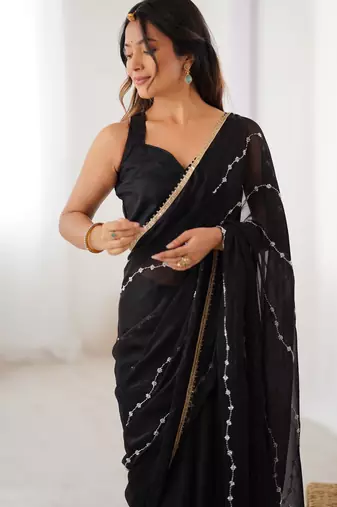 sitara chiffon black designer beads moti val sequance work saree