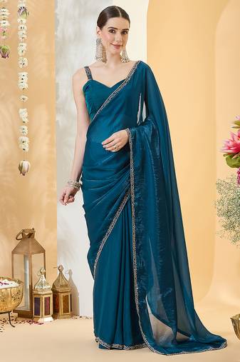 Morpeach satin siroski work saree with unstitch blouse piece for women