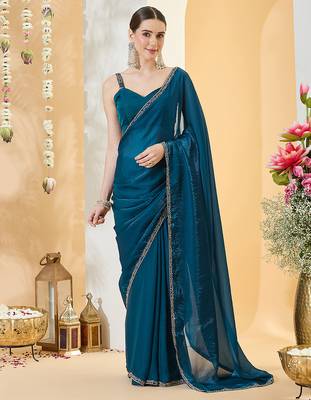 Morpeach satin siroski work saree with unstitch blouse piece for women 2
