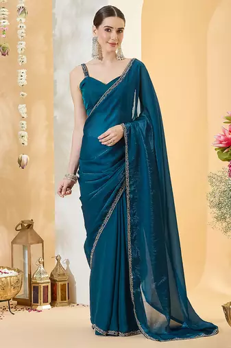 Morpeach satin siroski work saree with unstitch blouse piece for women
