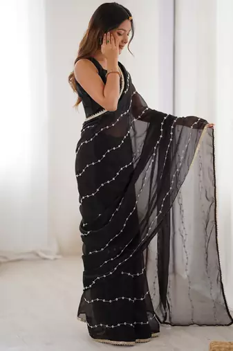 sitara chiffon black designer beads moti val sequance work saree