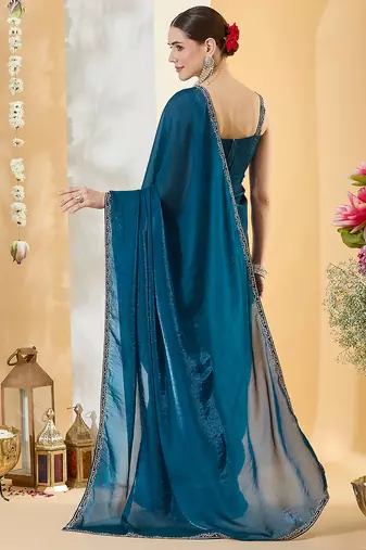 Morpeach satin siroski work saree with unstitch blouse piece for women