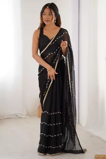sitara chiffon black designer beads moti val sequance work saree
