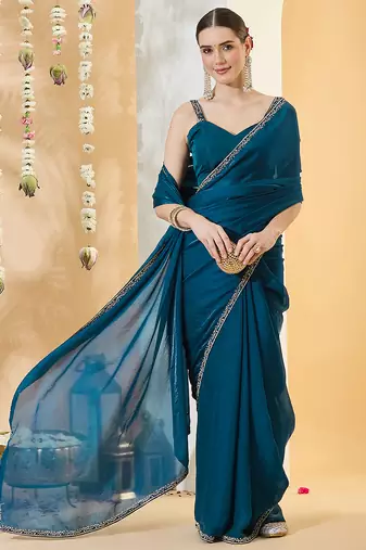 Morpeach satin siroski work saree with unstitch blouse piece for women