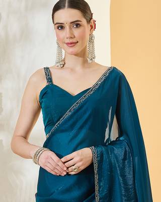 Morpeach satin siroski work saree with unstitch blouse piece for women 5
