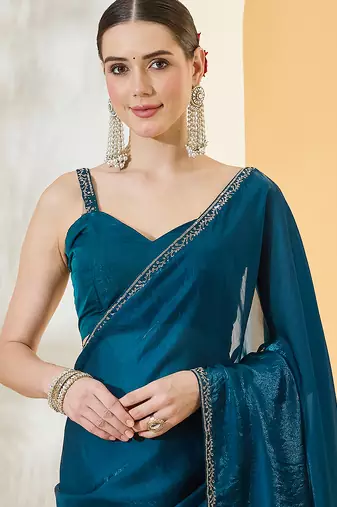 Morpeach satin siroski work saree with unstitch blouse piece for women