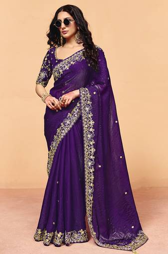 Purple satin sequence with zarkan work saree with unstitched blouse piece