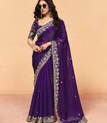 Purple satin sequence with zarkan work saree with unstitched blouse piece