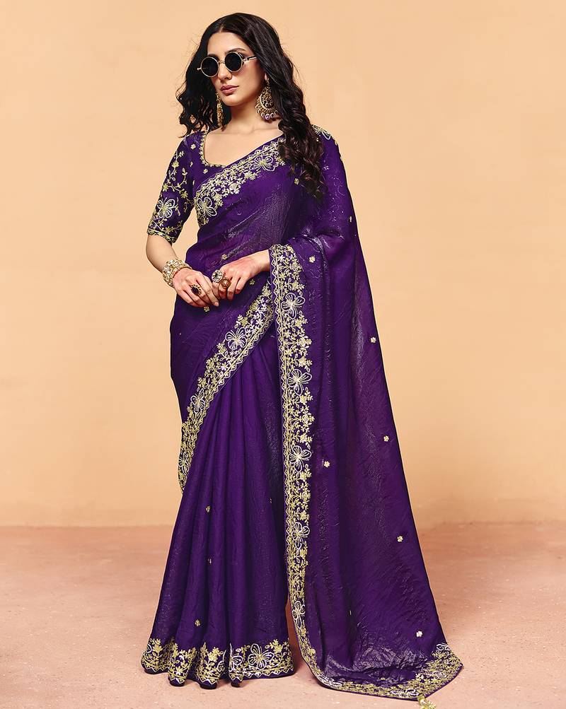 Purple satin sequence with zarkan work saree with unstitched blouse piece