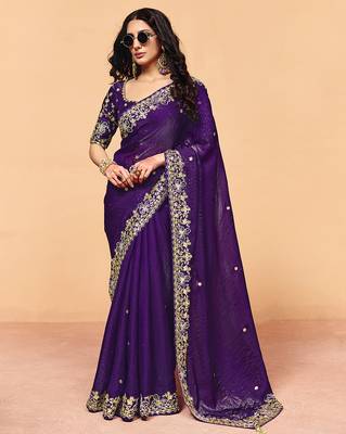 Purple satin sequence with zarkan work saree with unstitched blouse piece 2