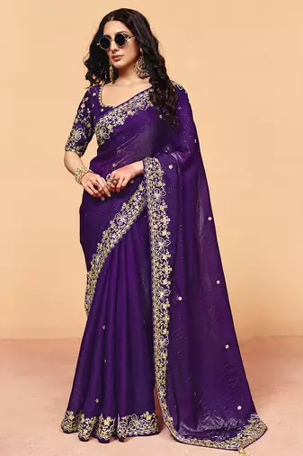 Purple satin sequence with zarkan work saree with unstitched blouse piece