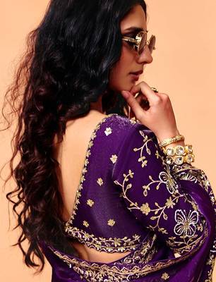 Purple satin sequence with zarkan work saree with unstitched blouse piece 3