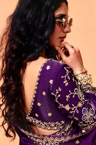Purple satin sequence with zarkan work saree with unstitched blouse piece