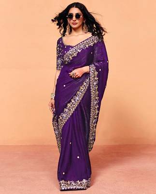 Purple satin sequence with zarkan work saree with unstitched blouse piece 4