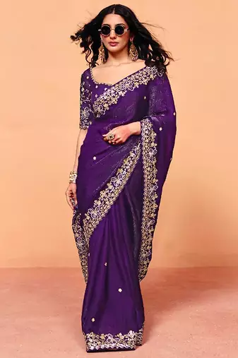 Purple satin sequence with zarkan work saree with unstitched blouse piece