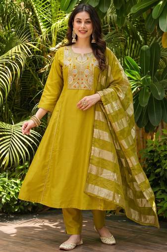  Embroidery Work Viscose Silk Blend Fabric Flared Anarkali Pant and Dupatta Set